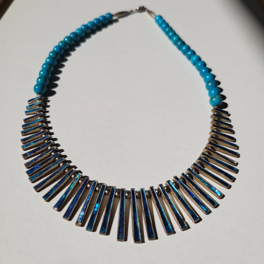 vintage Artisan Statement Turquoise Abalone Inlay Bib Necklace Blue Southwest - Picture 9 of 11